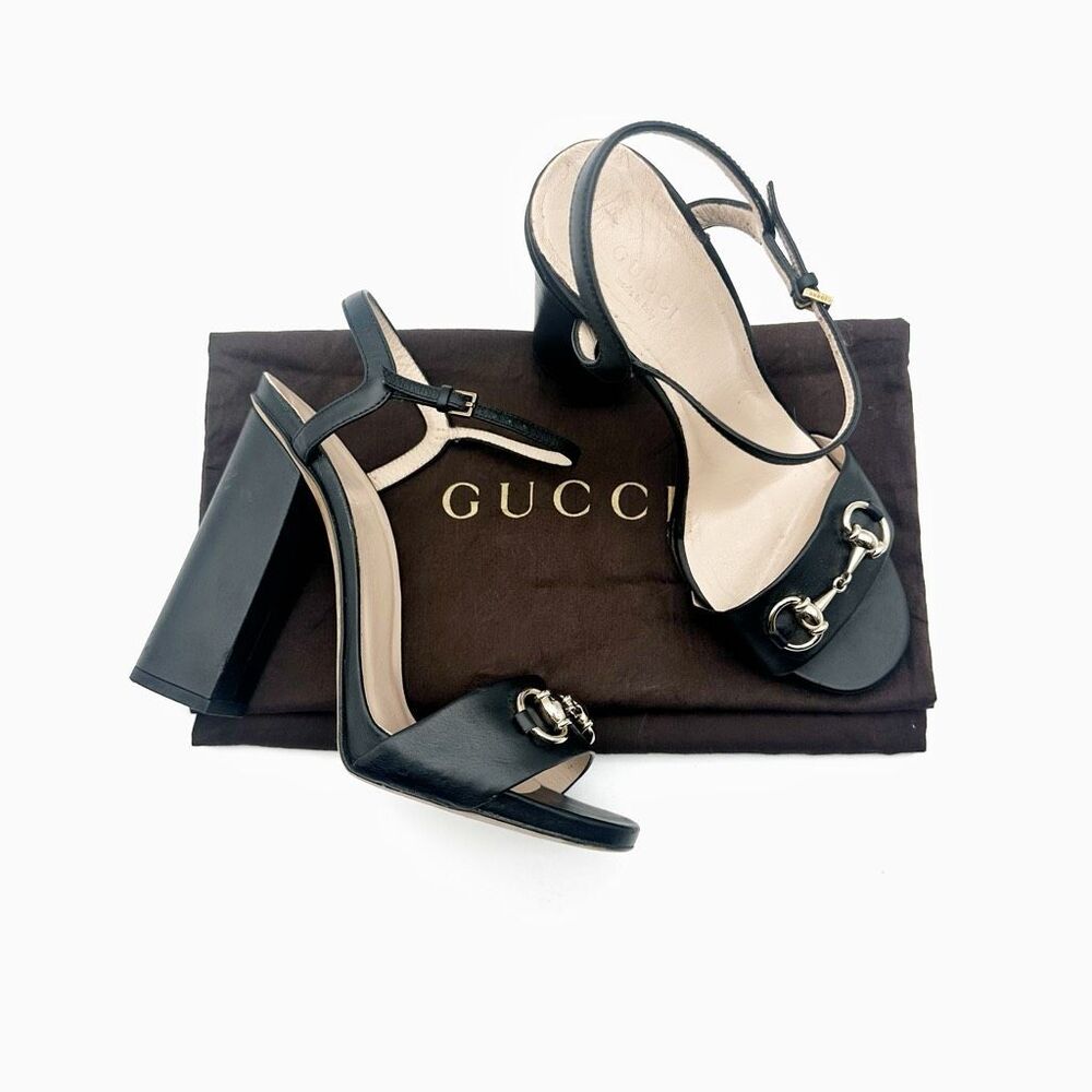 GUCCI Horsebit Black Leather Heeled Sandal Size 38 Leather Block Claudie - Picture 2 of 13